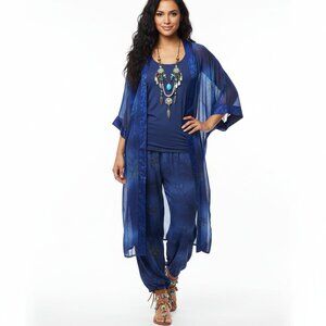 Bohemian Blue Flower Print Long Kimono Duster by KLOZ LYNE, Sheer Sz M